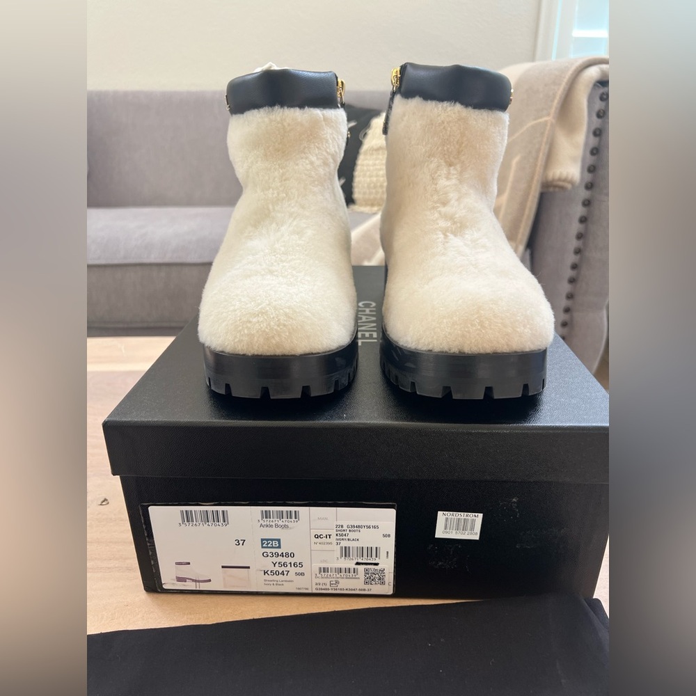 Chanel Ivory Shearling Fur Ankle Combat Boots, Size 37